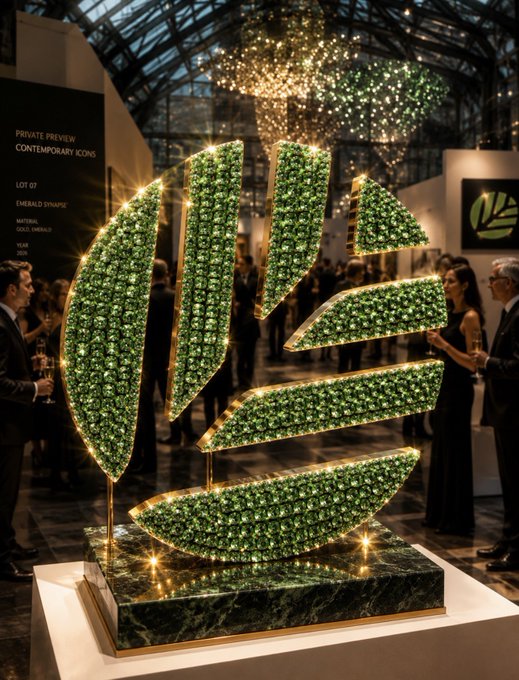 A sparkling emerald and gold decorative sculpture displayed at a private preview auction, with a sign reading 'PRIVATE PREVIEW CONTEMPORARY ICONS, LOT 07, EMERALD SYMPHONY, 2025', surrounded by well-dressed attendees.