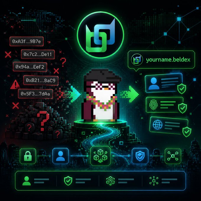 A promotional graphic for the beldex cryptocurrency project features a pixelated character avatar between red error codes and green security checkmarks, with the text 'yourname.beldex'.