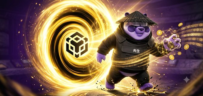 A purple bear character wearing a traditional straw hat and dark outfit with "先生" (sensei) on the chest stands before a glowing golden portal containing a BNB (Binance) logo, with binary code and cryptocurrency coins floating around it.