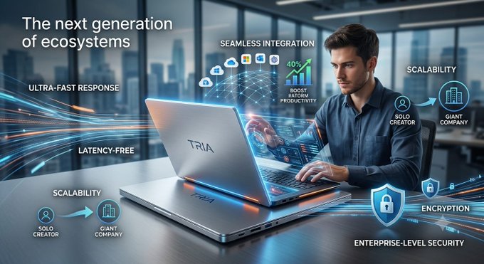 A professional uses a laptop branded "TRIA" in a modern office, with overlaid graphics highlighting key features like "ULTRA-FAST RESPONSE," "LATENCY-FREE," "SEAMLESS INTEGRATION," "BOOST OVERALL PRODUCTIVITY 40%," "SCALABILITY," "SOLO CREATOR → GIANT COMPANY," "ENCRYPTION," and "ENTERPRISE-LEVEL SECURITY," along with the headline "The next generation of ecosystems." The image visually reinforces the post's message by showcasing Tria as an advanced, all-in-one technology platform that scales seamlessly from solo creators to large enterprises.