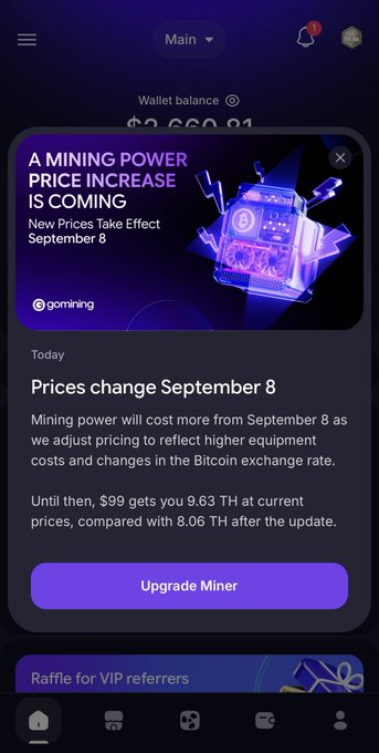 A screenshot of a crypto mining app interface displaying a pop-up that reads 'A MINING POWER PRICE INCREASE IS COMING' with details about a 'GoMining' price change effective September 8.