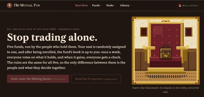 A dark-themed landing page for 'The Mutual Fund' blockchain project with headline 'Stop trading alone,' explaining that five funds are run by holders who vote weekly, featuring pixel art of a throne with a briefcase.