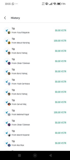 A mobile screenshot showing a tip history page in an app, displaying multiple 'Tip' entries from various users (such as Yusuf Başaran, Mesut Karataş, and Bora Yamaç) with amounts ranging from 50.00 VSTR to 100.00 VSTR.
