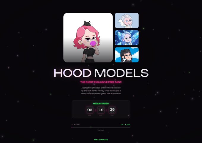 A webpage advertising "HOOD MODELS" as "THE MOST EXCLUSIVE FREE MINT" with a countdown timer showing 6 days, 19 hours, 25 seconds, and character artwork including a pink-haired girl.