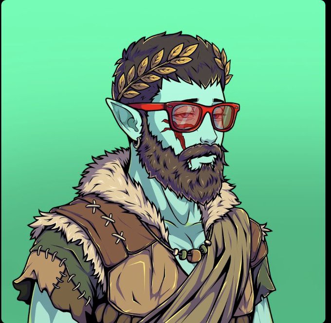 A digital cartoon illustration of a blue-skinned elf or fantasy character with pointed ears, a brown beard, a laurel wreath, red-tinted sunglasses, and rugged fur-trimmed clothing against a green background.