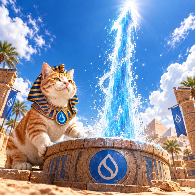 A whimsical digital artwork of an orange tabby cat wearing an Egyptian pharaoh headdress and necklace, positioned next to an ornate fountain shooting a blue water spire skyward, with pyramids and palm trees in the background.