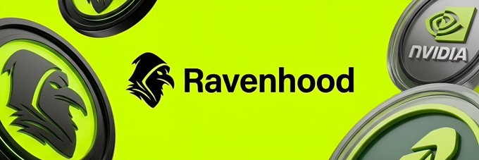 A green promotional banner for 'Ravenhood' featuring a raven logo, surrounded by black and green tokens displaying NVIDIA and raven logos.
