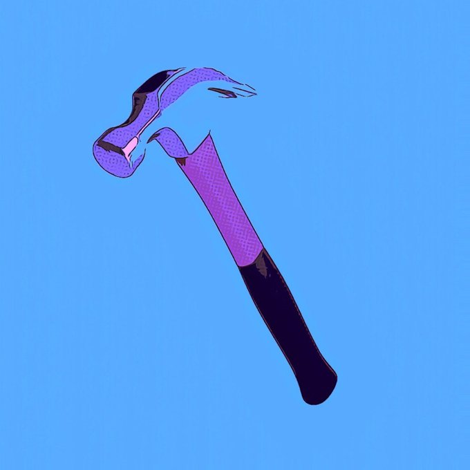 A stylized digital illustration of a hammer with a purple textured head and dark handle against a solid blue background.