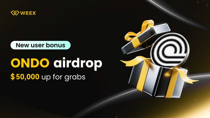 A Weex promotional graphic announcing a "$50,000 up for grabs" ONDO airdrop bonus for new users, featuring the WEEX logo, "New user bonus" tag, and an image of a gift box with a golden ribbon beside a silver ONDO coin, tied to a campaign running from September 25 to October 2, 2026.