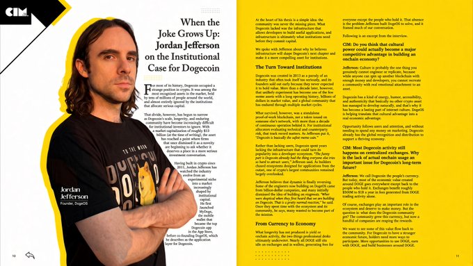 A magazine spread from Crypto India Magazine features Jordan Jefferson, Founder of DogeOS, photographed in a black "DOGE" cap and jacket alongside a headline article titled "When the Joke Grows Up: Jordan Jefferson on the Institutional Case for Dogecoin," with body text discussing Dogecoin's cultural power, institutional adoption, and DogeOS infrastructure.