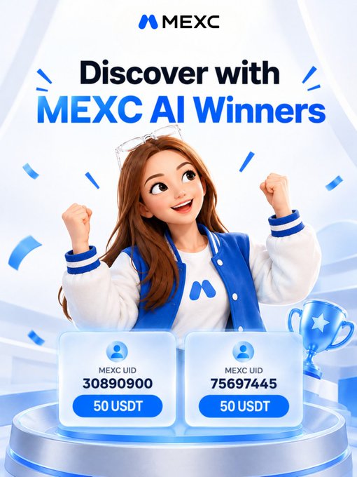A MEXC promotional graphic reads “Discover with MEXC AI Winners,” showing two prize cards for “50 USDT.”