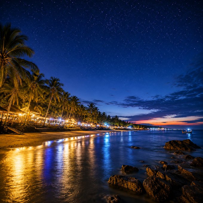 A stunning night photograph of a tropical beach with palm trees, lit-up buildings, starry sky, and reflections on the water at twilight.