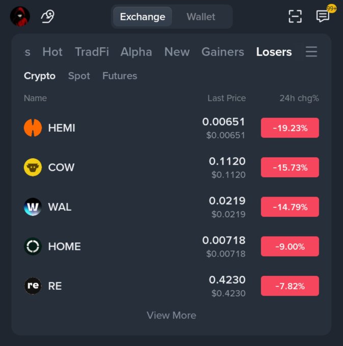 A cryptocurrency exchange interface showing the 'Losers' tab, with coins HEMI (-19.23%), COW (-15.73%), WAL (-14.79%), HOME (-9.00%), and RE (-7.82%) displaying significant 24-hour price declines.