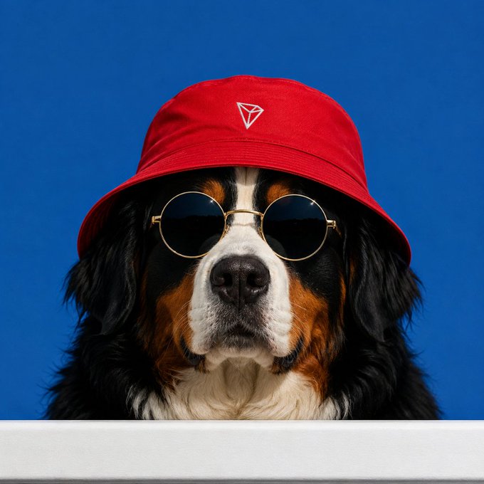 A Bernese Mountain Dog wearing a red bucket hat and round sunglasses poses against a bright blue background.