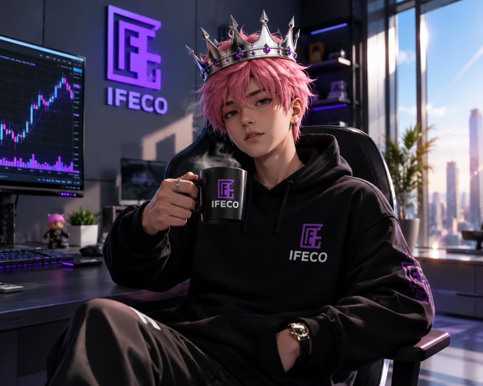 A pink-haired anime-style character wearing a silver crown and black "IFECO" hoodie holds a branded mug while sitting at a trading desk displaying a candlestick chart, embodying the self-deprecating optimism of a crypto degen gearing up for another shot at 100x gains on Monday.