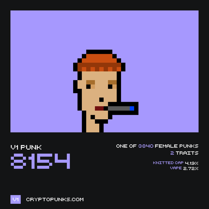 A CryptoPunk NFT image showing V1 Punk #8154, a female punk with 2 traits - a knitted cap (4.18%) and vape (2.72%) - displayed on cryptopunks.com with a purple background.