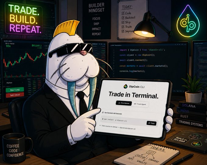 A stylish cartoon cat wearing sunglasses and a suit sits at a multi-monitor desk displaying charts, code, and a checklist ("Code, Backtest, Ship, Trade, Improve"), pointing toward a screen reading "DipCoin CLI — Trade in Terminal" with the URL cli.dipcoin.io. The image visually promotes the post's announcement of Dipcoin Labs' new terminal-based CLI trading tool, surrounded by supporting details like a "TRADE. BUILD. REPEAT." neon sign, a "Builder Mindset" poster, and Solana/Rust trading system references.