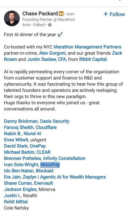 A LinkedIn post by Chase Packard (Founding Partner at Marathon) announcing the "First AI dinner of the year," co-hosted with partners from NYC Marathon Management and Ribbit Capital, featuring a list of attendees and their AI-focused companies (Oasis Security, Cloudflare, Niural AI, uiAgent, OnePay, CLEAR, and others). The connection to the post: a hypothetical hint that the Ribbit Capital co-hosts and their portfolio of AI-related founders shown in this dinner photo could foreshadow the meme stock $TIBBIR (a frog-themed ticker) being tied to the "gribbit/@ivanhodl" reference.