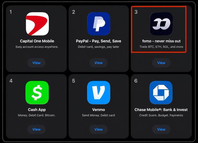 The image shows the US App Store finance rankings, where the "fomo – never miss out" app (ranked #3) has surpassed Cash App (ranked #4), supporting the claim that the 15-month-old fomo app with just 17 employees and no banking license has flipped Cash App in the rankings.