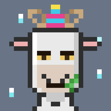 Pixel art of a white sheep-like character with pink ears, a colorful jester hat, and a green pipe in its mouth, set against a gray background with floating blue capsule shapes.