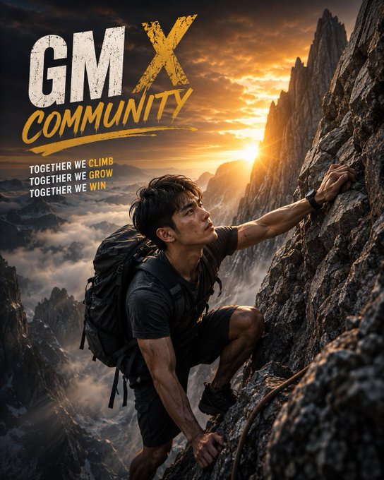 A motivational "GM X COMMUNITY" poster showing a male hiker climbing a rocky cliff at sunrise, with text "TOGETHER WE CLIMB, TOGETHER WE GROW, TOGETHER WE WIN."