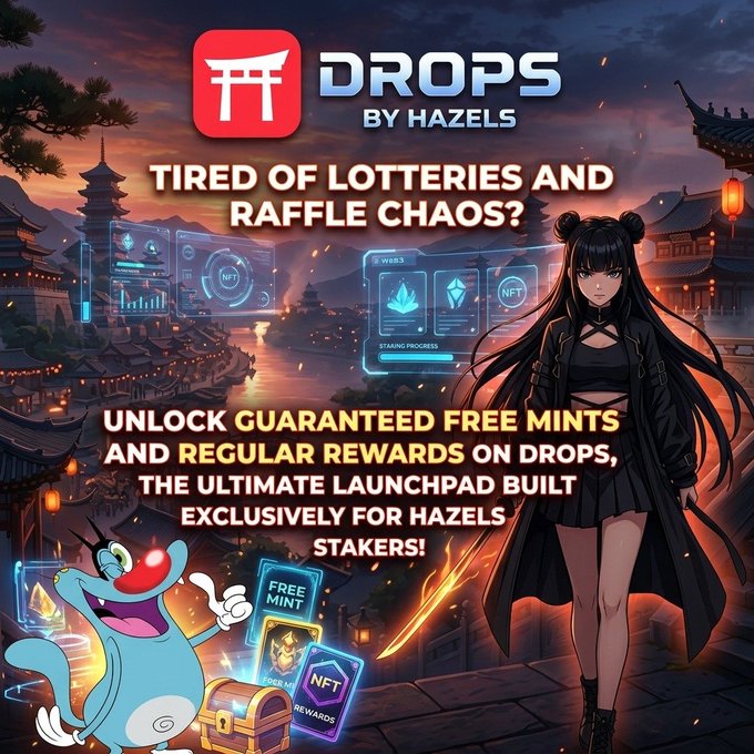 An advertisement for 'DROPS BY HAZELS' promotes guaranteed free mints and regular rewards, featuring anime-style characters and a Genie mascot with text reading 'TIRED OF LOTTERIES AND RAFFLE CHAOS?' and 'UNLOCK GUARANTEED FREE MINTS AND REGULAR REWARDS ON DROPS.'