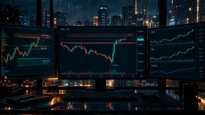 Three monitors on a desk display cryptocurrency candlestick charts (including BTC) against a backdrop of a rainy night city skyline.