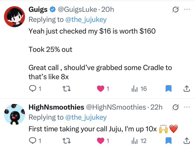 Two Twitter/X replies to '@the_jukukey': user @GuigsLuke posts 'Yeah just checked my $16 is worth $160 / Took 25% out / Great call, should've grabbed some Cradle to that's like 8x' (16 likes), and @HighNSmoothies posts 'First time taking your call Juju, I'm up 10x 🙌❤️' (12 likes).