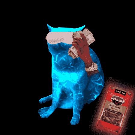 A digital collage featuring a glowing blue cat-like figure holding a fan of cash to its face, alongside a red package of Trader Joe's Jackfruit Seed Brittle.