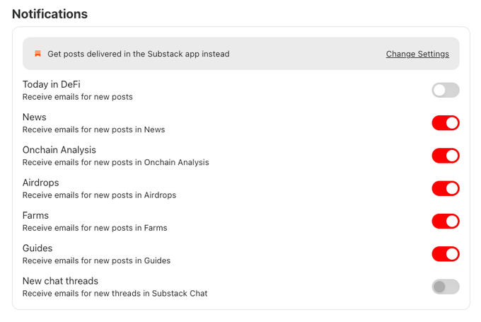 A 'Notifications' settings panel with toggles for various Substack categories like 'Today in DeFi', 'News', 'Airdrops', and 'Guides', most of which are switched on in red.