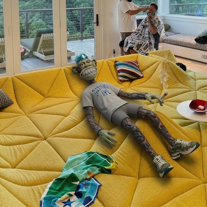 A large cartoonish "zombie" figure wearing a t-shirt that reads "ANYTHING IS POSSIBLE" lounges on a yellow modular sofa, while a man in the background gets a haircut on a balcony, embodying the relaxed "hustlers gettin it" vibe.