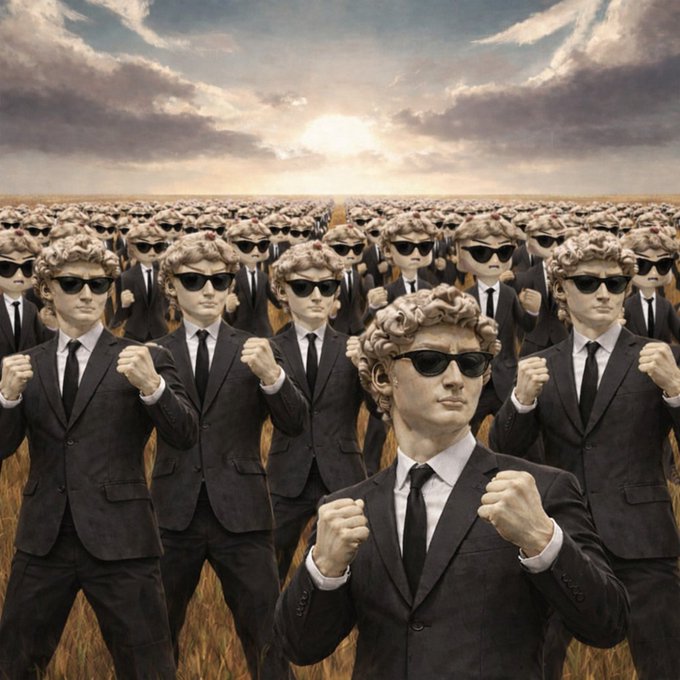 A surreal AI-generated image depicting a vast army of identical statuesque men with curly blonde hair, black suits, and sunglasses, standing in a wheat field with their fists raised under a cloudy sky.