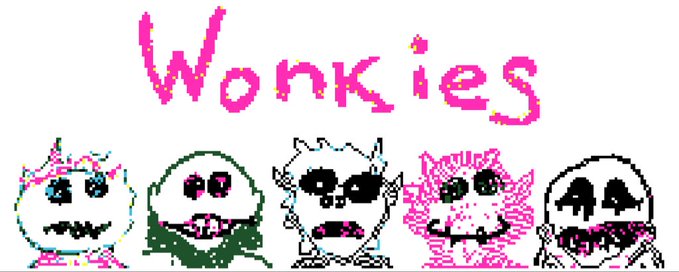 The image is a pixelated promotional graphic featuring the name "Wonkies" in pink text above a row of five quirky, zombie-like character sprites with various colored hair and googly eyes. This matches the giveaway announcement, which promotes the upcoming 3,000-supply "Wonkies" NFT mint on Ethereum and displays the characters associated with the collection.