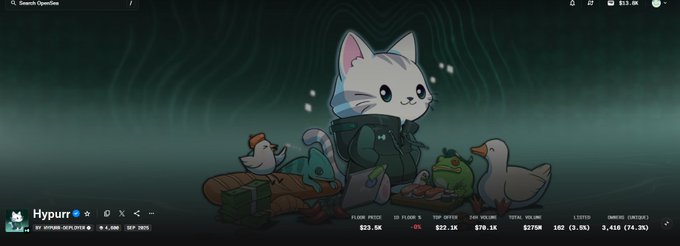 A cryptocurrency website homepage featuring a cartoon illustration of a white cat surrounded by ducks, titled 'Hypurr' with a market cap of $23.5K.