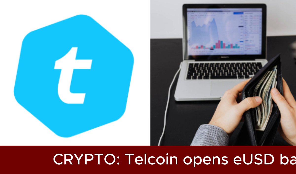 The image features a person holding up a wallet containing money while also displaying an open laptop computer. The wallet serves as an advertisement for Crypto, a digital asset bank that was launched earlier this year by Telcoin. The laptop displays the logo of eUSD, another cryptocurrency, along with information about its stablecoin. The scene captures the transition from a physical, real-life situation to a virtual world where cryptocurrencies are being used as a means of exchange or storage for digital assets.