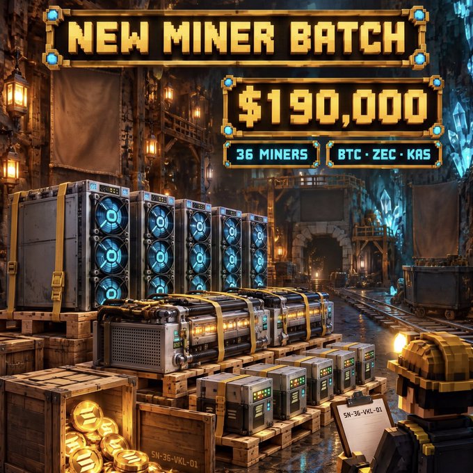 A pixel-art style promotional image advertising a 'NEW MINER BATCH' priced at $190,000, featuring 36 miners for BTC, ZEC, and KAS, with serial numbers SN-36-WKL-01.