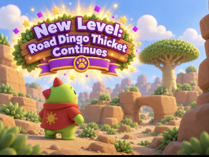 A mobile game screen announcing 'New Level: Road Dingo Thicket Continues' featuring a green dinosaur-like character in a red hoodie in a desert landscape.