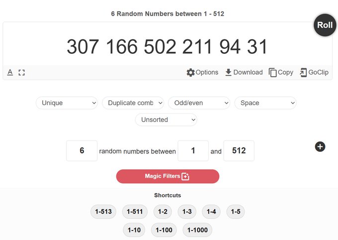 A random number generator displays “6 Random Numbers between 1 - 512” and the results “307 166 502 211 94 31.”