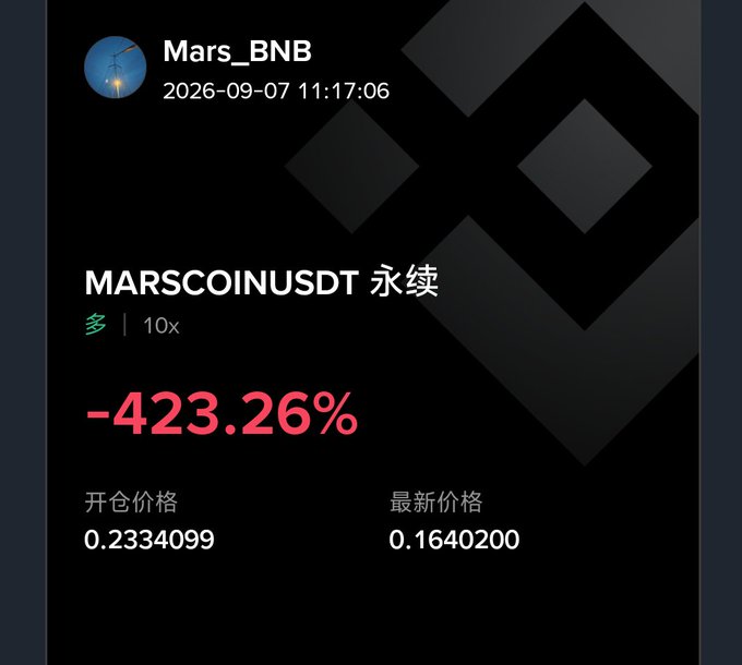 A screenshot from "Mars_BNB" dated 2026-09-07 shows a devastating -423.26% loss on a 10x leveraged long (多) position for MARSCOINUSDT perpetual contract, with the opening price at 0.2334099 and the latest price at 0.1640200—visually reinforcing the poster's anxious question about surviving the MARSCOIN trade.