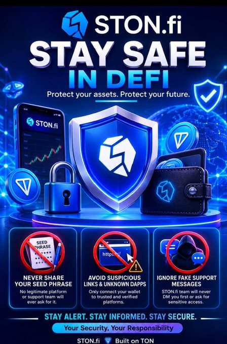 A STON.fi DeFi safety infographic warning users to never share their seed phrase, avoid suspicious links and unknown dApps, and ignore fake support messages, with the tagline 'STAY ALERT. STAY INFORMED. STAY SECURE.'