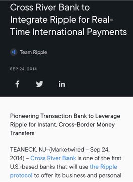 The image shows a news article headline titled "Cross River Bank to Integrate Ripple for Real-Time International Payments," dated September 24, 2014, announcing Cross River Bank as one of the first U.S.-based banks using the Ripple protocol for cross-border money transfers. The article directly supports the post's claim by highlighting Cross River Bank's historical connection to Ripple, completing the circle between traditional banking (Cross River), crypto payments infrastructure (Ripple), and the fintech ecosystem (X/formerly Twitter, Stripe).