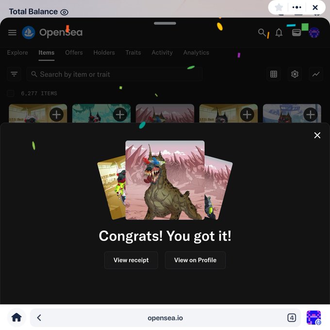 A celebratory OpenSea notification reading "Congrats! You got it!" overlays an item collection page, with a pop-up revealing a newly acquired Mutant Cartel NFT featuring a menacing dinosaur creature, aligning with the post about expanding a Mutant Cartel collection.