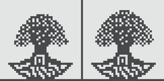 Two identical pixelated illustrations side by side depict a dark blue tree with a large canopy and intricate roots above a horizontal ground line.