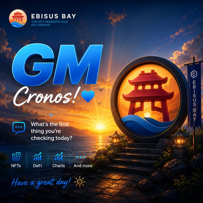 A vibrant "GM Cronos!" greeting from Ebisus Bay, the NFT marketplace on Cronos, features a sunset seascape with a torii gate emblem and the prompt "What's the first thing you're checking today?"—perfectly echoing the post's call to share what the community is up to, whether trading, collecting, or building.