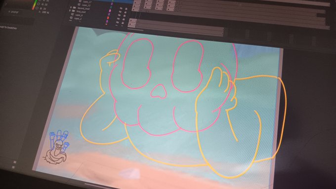 A computer screen displaying a digital drawing of a cartoonish skull-shaped character with claws, drawn in pink and yellow lines over a watercolor-style background.