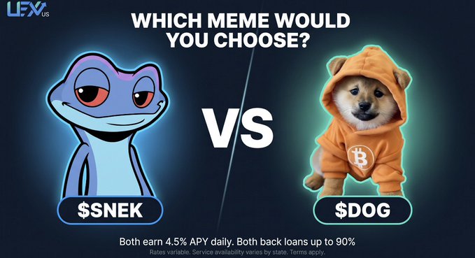 A promotional graphic asking 'WHICH MEME WOULD YOU CHOOSE?' featuring a $SNEK frog character versus a $DOG Shiba Inu in an orange Bitcoin hoodie, advertising 4.5% APY.