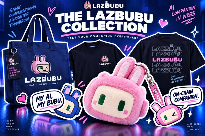 Promotional banner for "THE LAZBUBU COLLECTION" featuring merchandise including a navy tote bag, black t-shirts, a pink plush keychain, and a pink strap, with text highlighting "SAME CONVERSATIONS A BRIGHTER TOMORROW," "AI COMPANION IN WEB3," "MY AI, MY BUBU," and "ON-CHAIN COMPANION," tying into the post's announcement of exclusive Lazbubu merch being brought to TOKEN2049.