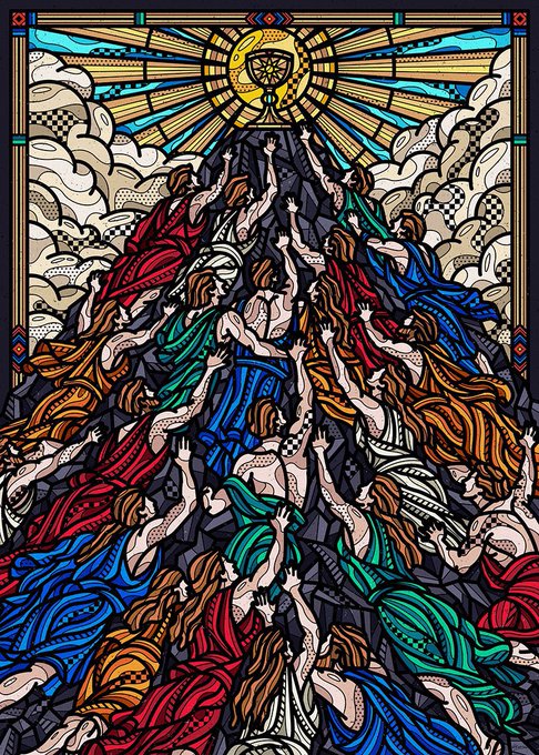 A colorful stained glass-style illustration showing a multitude of robed figures with flowing hair reaching upward toward a glowing golden chalice at the top.
