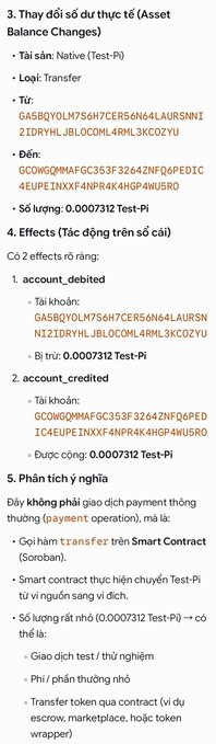 The image displays a detailed breakdown of an asset balance change (Test-Pi) involving a Transfer type contract on the Pi Testnet, showing transaction details including the debited account (GA58Q...COZYU), credited account (GCGWG...N5URO), and a small test amount of 0.0007312 Test-Pi. It illustrates a smart contract (Soroban) call rather than a standard payment, highlighting how the Transfer operation transfers the Test-Pi from one account to another. This example emphasizes the functionality of smart contracts on the Pi Testnet v27 ledger ahead of the anticipated September 15th Mainnet launch.