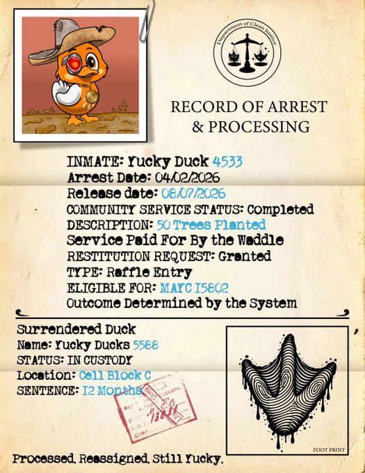 A fictional 'Record of Arrest & Processing' document from the Department of Cluck Justice for inmate 'Yucky Duck 4533', featuring a cartoon duck in a cowboy hat, arrest date 04/02/2026, and a 12-month sentence for 'Yucky Ducks 5568'.